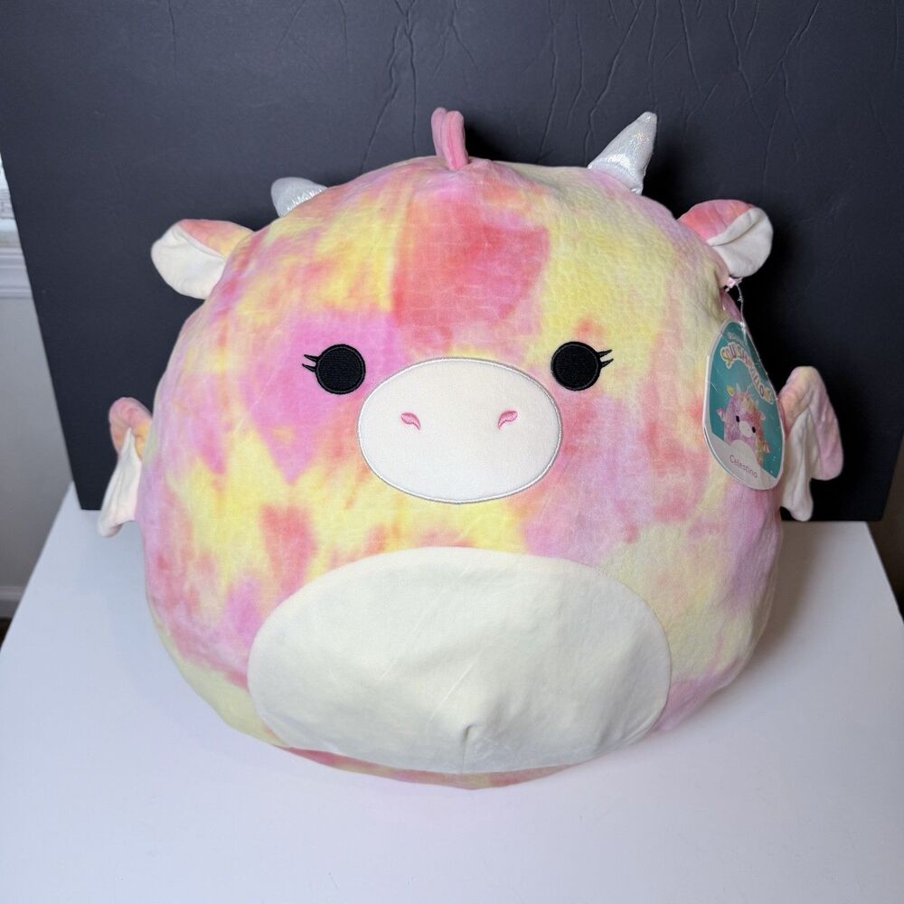 Squishmallows Celestina Dragon 16” Pink Yellow Tie Dye Plush Kellytoy w/ Tag
